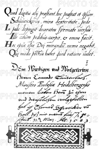 Manuscript of the armless artist Thomas Schweickerus from the year 1584. Thomas Schweicker (* 21 December 1541 in Schwäbisch Hall, † 7 October 1602 ibid., according to other sources born in 1540) was an armless artist, authentic, digitally restored reproduction from a 19th century original, exact date of depiction unknown, Historic