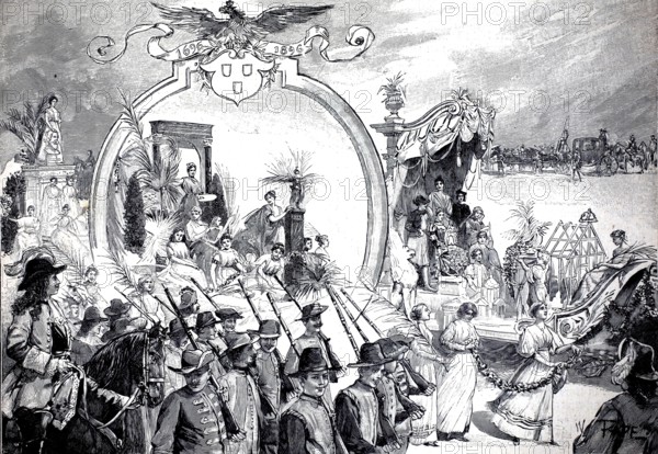 From the anniversary procession of the Berlin Art Academy 1896, authentic, digitally restored reproduction from a 19th century model, exact date of depiction unknown, historical, parade with decorated floats and people in historic clothing style