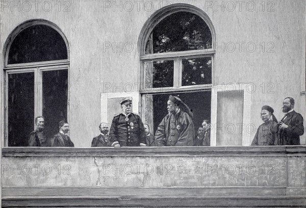 Li-Hung-Tschang and Bismarck on the castle terrace in Friedrichsruh, 1896, authentic, digitally restored reproduction from a 19th century model, exact date of depiction unknown, historical, group of men in uniform on a balcony in a formal position