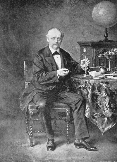 Hermann Ludwig Ferdinand Helmholtz, from 1883 von Helmholtz, (born 31 August 1821 in Potsdam, died 8 September 1894 in Charlottenburg near Berlin) was a German physician, physiologist and physicist, authentic, digitally restored reproduction from a 19th century original, exact date of depiction unknown, historical, A man in formal dress sits at a table with a globe and papers