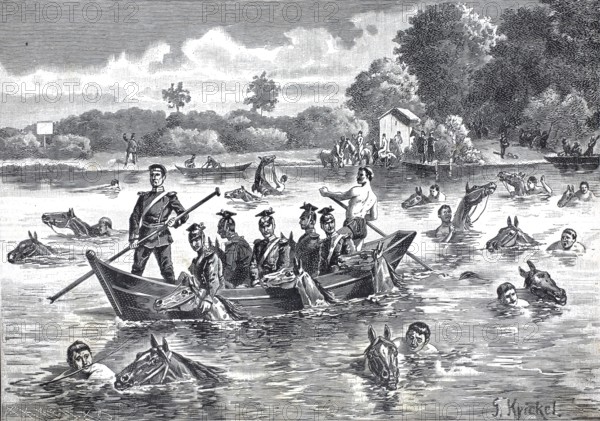 Guard swimming exercises, cavalry in a river crossing near Potsdam, 1891, authentic, digitally restored reproduction from a 19th century model, exact date of depiction unknown, historical, soldiers in a boat with horses swimming in a river in a lively scene