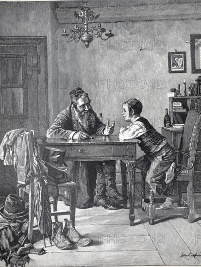 Arithmetic lessons at home, father gives son tutoring in mathematics at the kitchen table, 1891, Germany, authentic, digitally restored reproduction from a 19th century model, exact date of presentation unknown, Historical, A man and a boy sit at a table in a cozy room and have a conversation