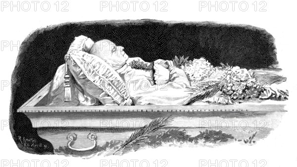 Helmuth Karl Bernhard von Moltke, since 1843 Baron von Moltke, since 1870 Count von Moltke, called Moltke the Elder, popularly known as The Great Silent One (born 26 October 1800, died 24 April 1891), was a Prussian Field Marshal, here laid out in a coffin, authentic, digitally restored reproduction from a 19th century original, exact date of depiction unknown, historical, Man lying in a decorated coffin surrounded by flowers, depicted in black and white