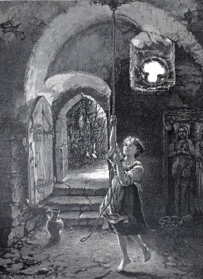 To ring prayer, girl pulls a bell rope to ring, 1890, authentic, digitally restored reproduction from a 19th century model, exact date of depiction unknown, historical, A child pulls a rope of a bell in a stone chamber with shadow and light effects