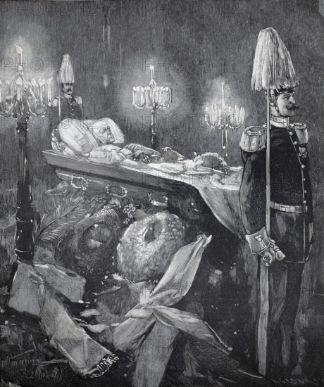 Helmuth Karl Bernhard von Moltke, Baron von Moltke from 1843, Count von Moltke from 1870, known as Moltke the Elder, popularly known as The Great Silent One (born 26 October 1800, died 24 April 1891), was a Prussian Field Marshal, deceased, on his parade bed, 26 April evening, authentic, digitally restored reproduction from a 19th century original, exact date unknown, Historical, A corpse lies in state, surrounded by soldiers with candles. April evening, authentic, digitally restored reproduction from a 19th century original, exact date of depiction unknown, historical, A corpse lies in state, surrounded by soldiers with candles in a solemn atmosphere