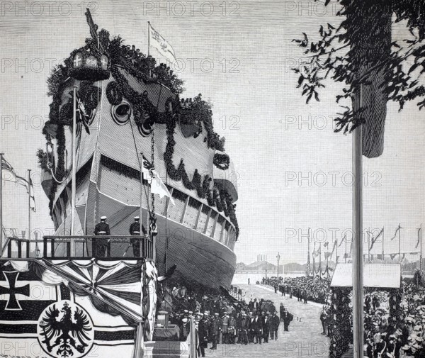 Launched by Elector Frederick William, an armored ship, reclassified as a liner in 1899, of the Brandenburg class of the Imperial Navy, in Wilhelmshaven on June 30, 1891 in the presence of the emperor, authentic, digitally restored reproduction from a 19th century original, exact date of presentation unknown, historical
