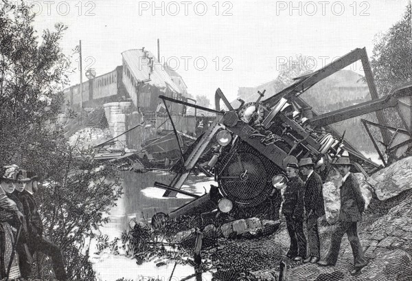 The railway accident near Mönchenstein, Münchenstein, on June 14, 1891, the biggest railway disaster in Switzerland to date, the collapse of the railway bridge over the Birs near Bruckgut in Münchenstein near Basel, 73 passengers died and 171 were injured, authentic, digitally restored reproduction from a 19th century original, exact date of presentation unknown, historical