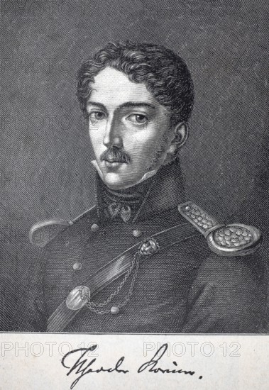 Carl Theodor Körner (born 23 September 1791 in Dresden, died 26 August 1813 in the Rosenow Forest near Lützow) was a German writer and freedom fighter, portrait and signature, authentic, digitally restored reproduction from a 19th century original, exact date of depiction unknown, Historical