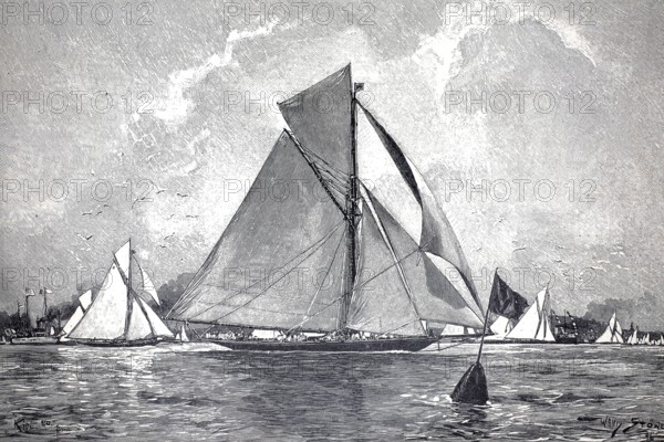 The imperial yacht Meteor in the port of Kiel, first of a series of imperial racing yachts by Wilhelm II, authentic, digitally restored reproduction from a 19th century model, exact date of depiction unknown, historical, sailboats on the sea sailing under cloudy skies