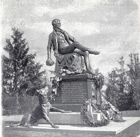 Jung Bismarck monument at Rudelsburg in Thuringia, Germany, authentic, digitally restored reproduction from a 19th century model, exact date of depiction unknown, historical, statue of a man with a dog at a pedestal, surrounded by trees and wreaths