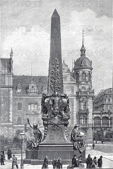 The Wettin, obelisk in Dresden, an obelisk-like monument to the celebration of the 800-year reign of the House of Wettin over Saxony. It was located on Sophienstraße, at the corner of Taschenberg, in the Inner Old Town, Germany, authentic, digitally restored reproduction from a 19th century model, exact date of depiction unknown, historical, obelisk in a square with surrounding historic buildings and statues
