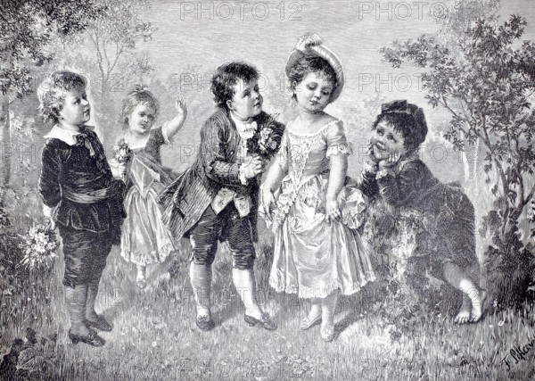 Congratulations on the children's birthday party, several children congratulate the elegant little lady, who is very distinguished, 1891, authentic, digitally restored reproduction of a model from the 19th century, exact date of presentation unknown, historical, A group of playing children decorating themselves with flowers in a garden