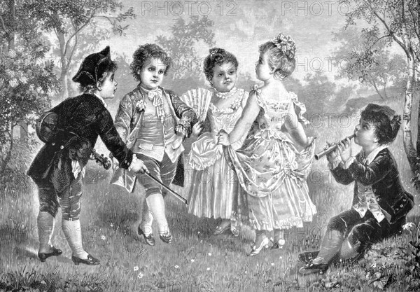 Dance lessons, teach children about classical ballroom dancing, 1891, authentic, digitally restored reproduction from a 19th century model, exact date of presentation unknown, historical, five children in historical clothing playing and dancing outdoors