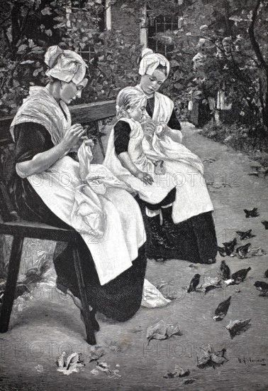 Orphan girl embroidering and sewing, after a painting by M. Liebermann, 1891, authentic, digitally restored reproduction from a 19th century model, exact date of depiction unknown, historical, Two woman and a child sit in the courtyard and do handicrafts
