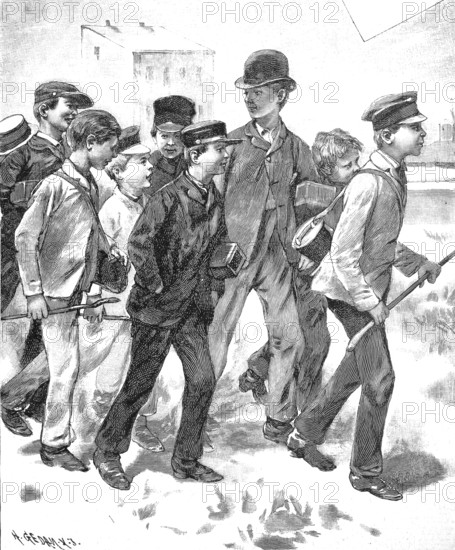 Pest control, schoolchildren on their way to hunt May beetles, which is damaging agriculture due to its mass occurrence. For a liter container full of beetles, the boys receive 25 pfennigs, 1891, Germany, authentic, digitally restored reproduction from a 19th century model, exact date of depiction unknown, historical, A group of boys and a man walking on an urban street