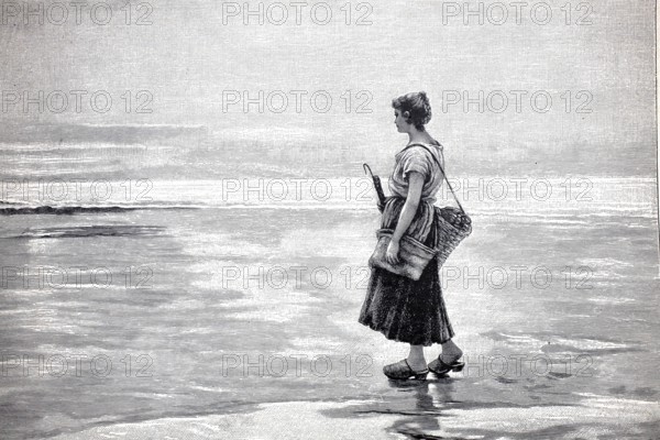 Lonely woman on the beach with a basket for collecting mussels, 1891, Holland, North Sea, authentic, digitally restored reproduction from a 19th century model, exact date of depiction unknown, historical, A girl walks alone along the beach, accompanied by a quiet and calm atmosphere