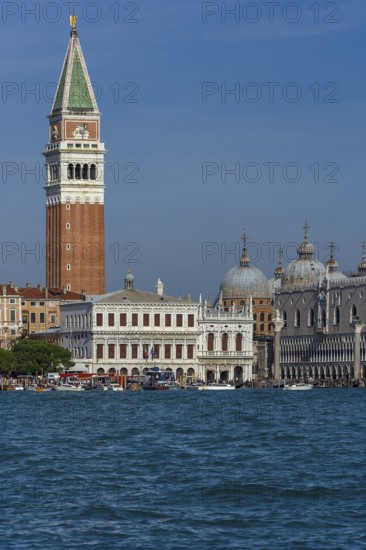 St Mark's Tower and domes of St. Mark's Basilica, in front of the Grand Canal, Venice, Veneto, Italy