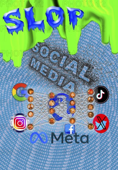 Symbolic image, AI slop or AI slop, synonym for garbage-like media content in (a) social media, false content, spreading lies, mobile phone, smartphone, socialmedia, Elon Musk, Mark Zuckerberg, Donald Trump, extreme freedom of expression, denial of facts, Industry 4.0, data traffic, @ sign. Mail traffic, AI, ChatGBT, AI, OpenAI, chatbot, artificial intelligence, artificial intelligence, IT system, computer science, AI learning, IT technology, computer system, software, Apple, Google, Microsoft, creativity, questionable security, AI research, voice robots, algorithm