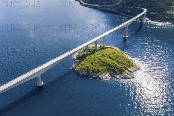 Aerial view of Mjosund Bridge (Norwegian: Mjøsundbrua), bridge on road 848 east of Harstad, Norway