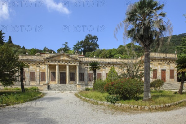 View of main entrance with staircase and columned portal of historic Villa San Martino residence of Emperor Napoleon Bonaparte during exile on Elba Island, Portoferraio, Elba, Tuscany, Italy