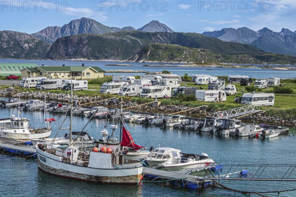 Harbour and campsite, camper vans, Sommaroy Island, Norway
