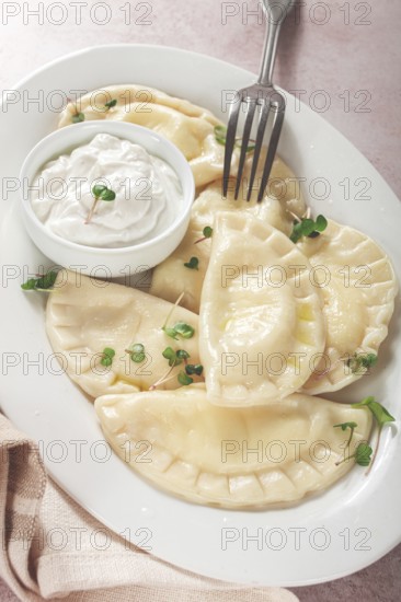 Traditional Georgian kvari dumplings, served with sour cream and herbs, close-up view, no people