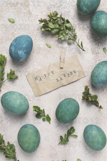 Easter eggs, green, staple text, boxwood, retro, top view