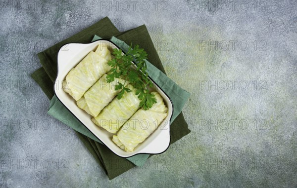 Raw cabbage rolls, not cooked, with minced meat, top view, without people, in the spotlight