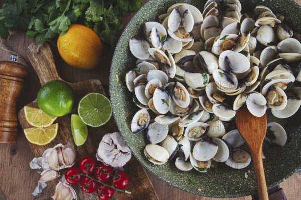 Cooking, vongole clams, in a pan with spices and white wine, top view, no people