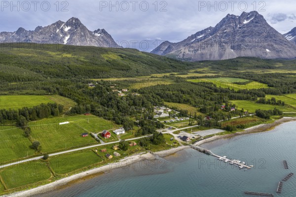 Campsite at Svensby, Lyngen peninsula, Lyngen Alps, aerial view, Norway