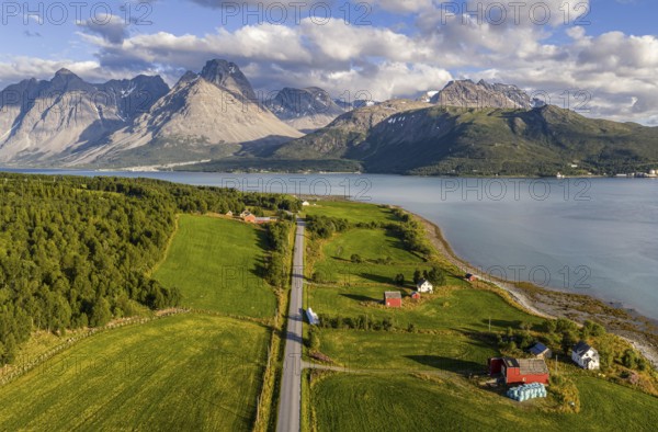 Aerial view over Lyngen Alps south of Svensby, Lyngen peninsula, Norway