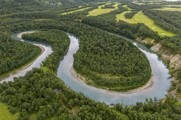 Meander of the Storelva River, east of Tromsø, aerial view, Norway