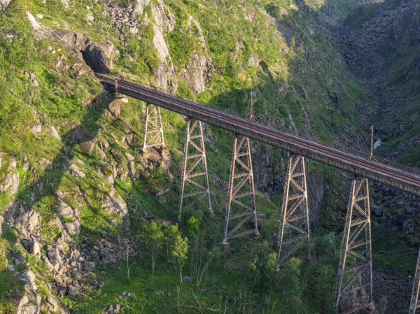 Historic bridge Norddalsbrua, near railway station Bjørnfjell, railway line Kiruna-Narvik, aerial view, Norway