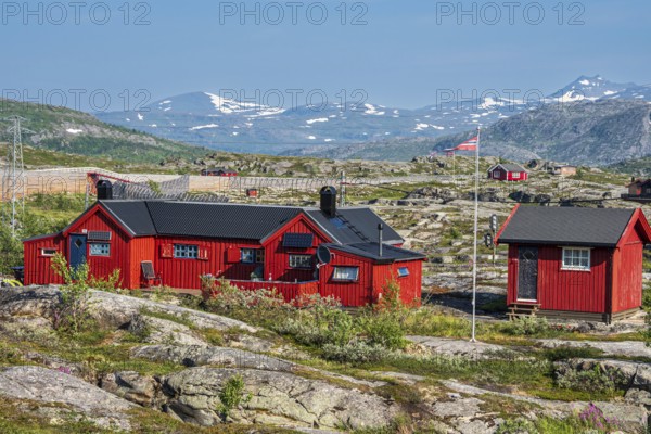 Typical norwegian holiday hut, near Bjørnfjell railway station, at railway line Kiruna-Narvik, Norway