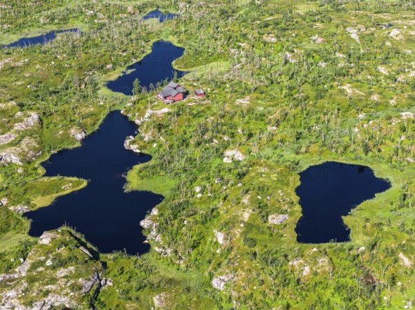 Typical norwegian holiday hut, near Bjørnfjell railway station, at railway line Kiruna-Narvik, aerial view, Norway