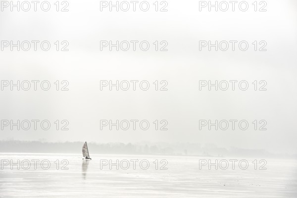 Ice sailors on foggy water, calm and melancholy atmosphere on frozen Dümmer See, Lembruch, Lower Saxony, Germany