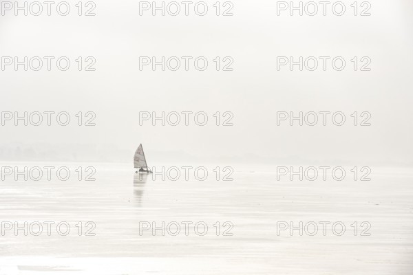 Ice sailor on the frozen alone on a foggy, frozen lake, minimalistic winter atmosphere, Dümmer See, Lembruch, Lower Saxony, Germany