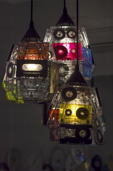 Lamps made from old tape cassettes, bar in Venice, Veneto, Italy