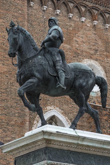 Equestrian statue of Commander Bartolomeo Colleoni, 1400-1475, in front of the church of Santi Giovanni e Paolo, Venice, Veneto, Italy