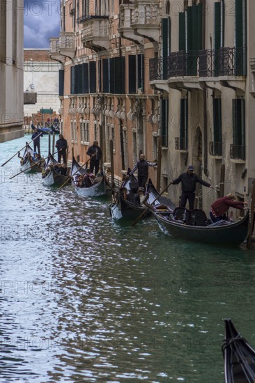Many gondolas line up with tourists on tour through the canals of the old town, Venice, Veneto, Italy