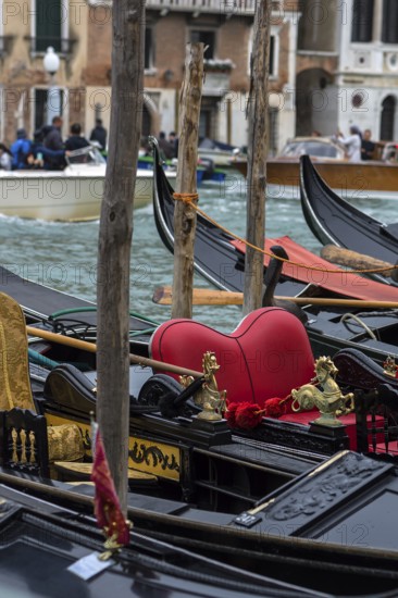 Mytological brass horse figures decorate gondolas, Venice, Veneto, Italy