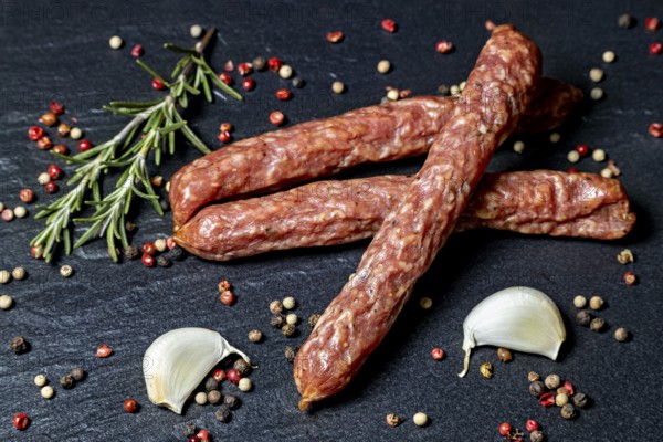 Rustic composition with salami, rosemary, peppercorns and garlic cloves, crunchy Pfefferbeiser sausage