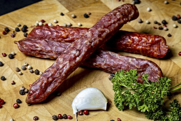 Salami on wooden board decorated with spices and garlic clove, crunchy pepper bite sausage