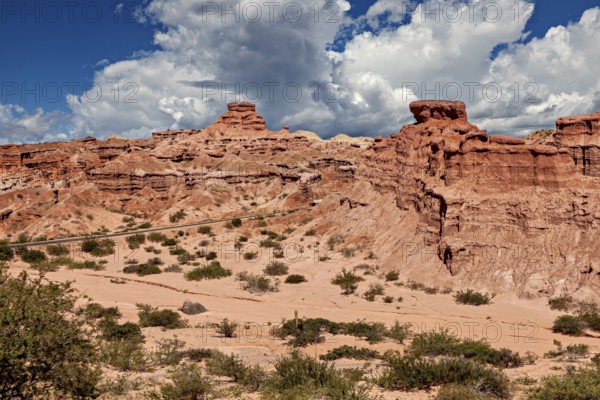 Rocky desert landscape with dramatic sky and red rock formations, The landscape and colorful rock formations of Quebrada de Cafayate near Salta in Argentina