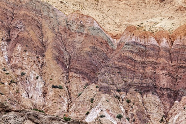 Colourful rocks with distinct rock layers that form an impressive geological formation, colorful rock formations of the Quebrada de Cafayate near Salta in Argentina