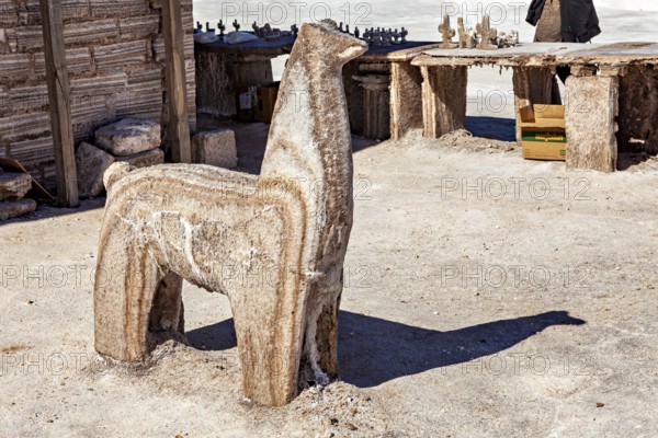 Salt sculpture of an alpaca in a rustic, bright desert environment, salt sculptures in the Salar de Cauchari salt pan near Salta in Argentina