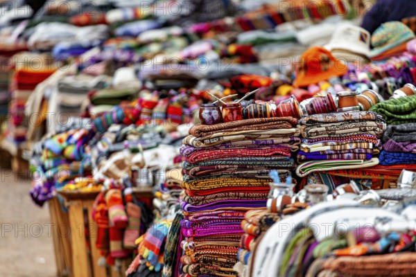 Stacked, colorful blankets and hats at a sales stand, tourist and souvenir market in Santa Rosa de Tastil near Salta in Argentina