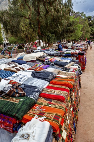 A stand with colorful textiles in a park-like setting, tourist and souvenir market of Santa Rosa de Tastil near Salta in Argentina