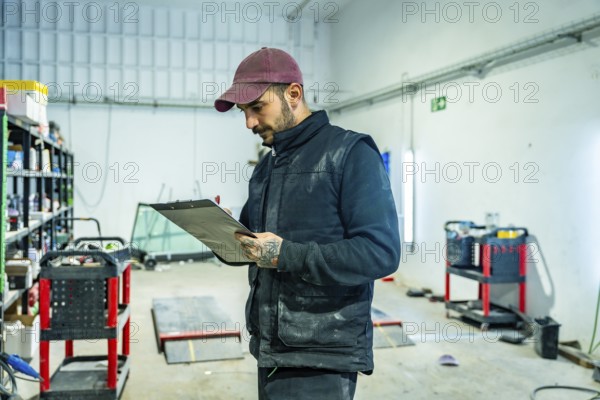 Mechanic in cap and vest inspects vehicle damage in an auto repair workshop, studying a clipboard, making notes and documenting maintenance for service or insurance purposes