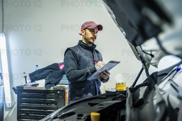 Male technician wearing a vest and cap is inspecting a car with the hood open, checking details and writing notes on a clipboard in an auto repair garage